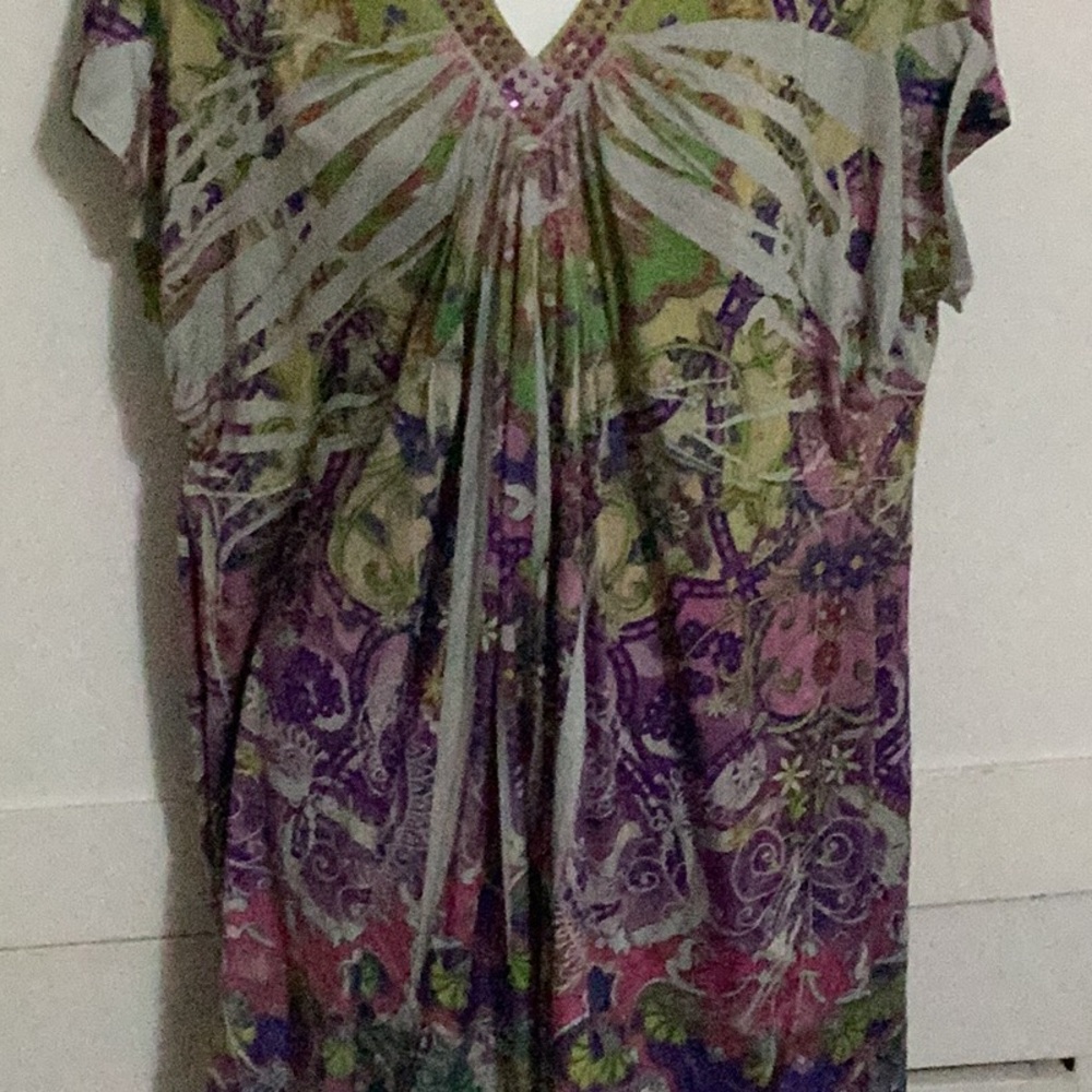 Apt. 9 Purple and Green V-Neck Short Sleeve Tunic 1X